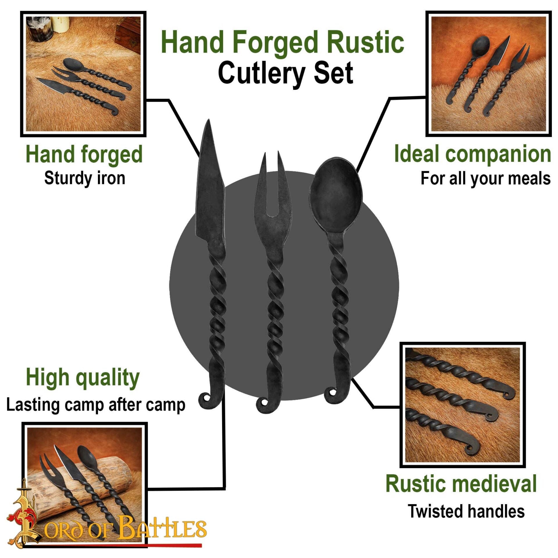 Juego de Cubiertos Medievales Forjados a Mano Cuchara, Tenedor y Cuchillo - Imagen 4