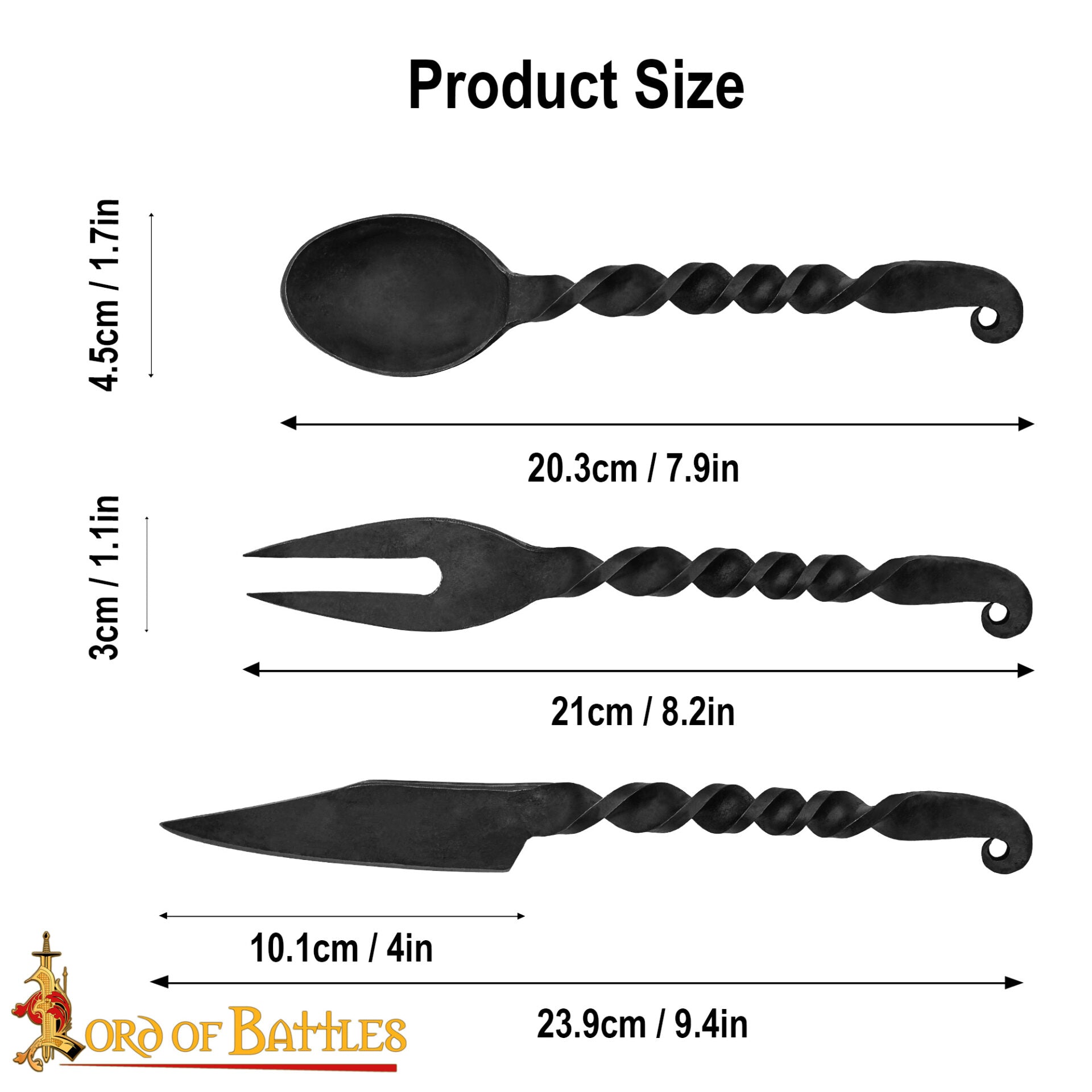 Juego de Cubiertos Medievales Forjados a Mano Cuchara, Tenedor y Cuchillo - Imagen 3