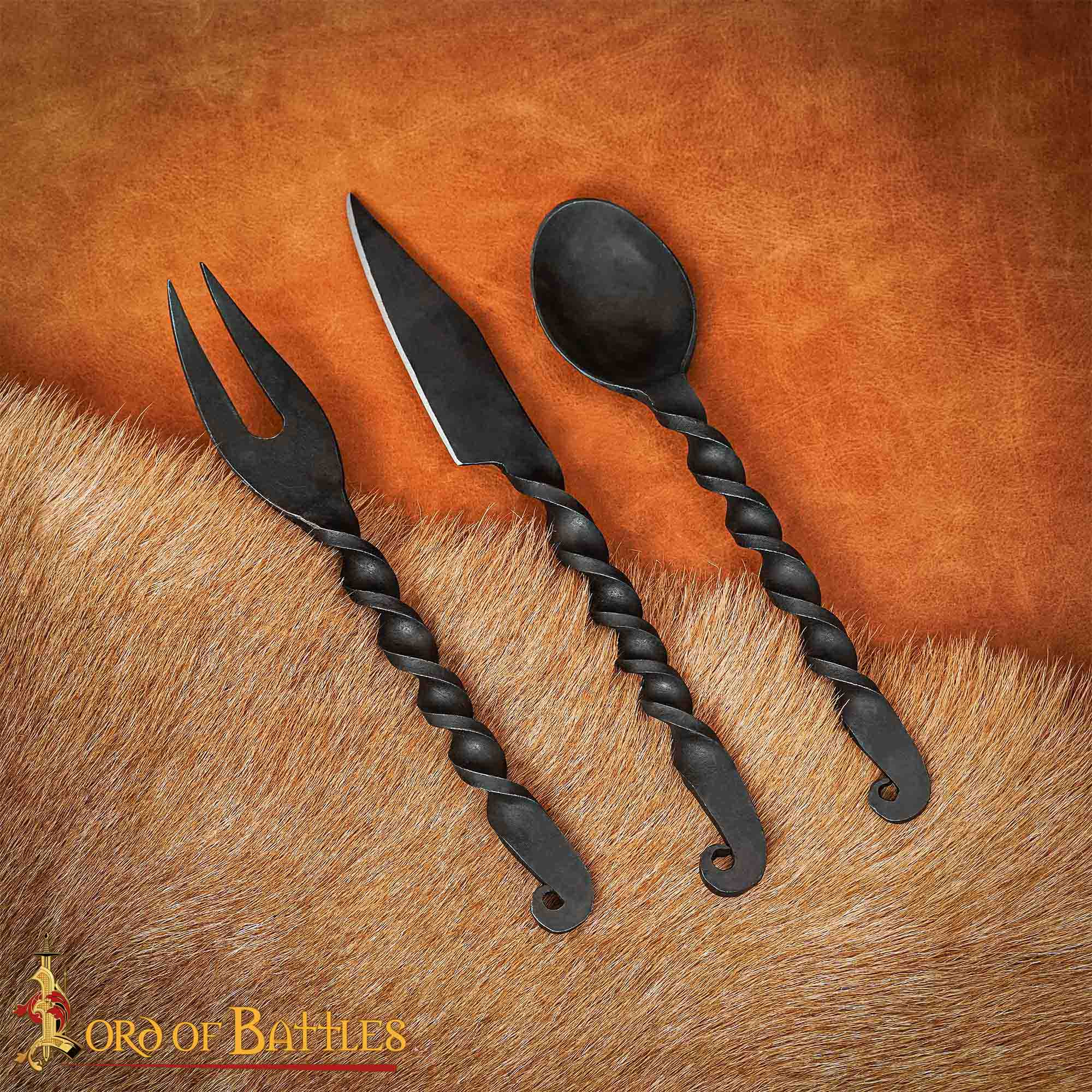 Juego de Cubiertos Medievales Forjados a Mano Cuchara, Tenedor y Cuchillo - Imagen 8