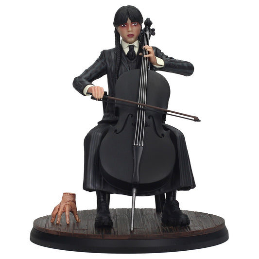 Figura Wednesday Addams - vista lateral con chelo negro y arco