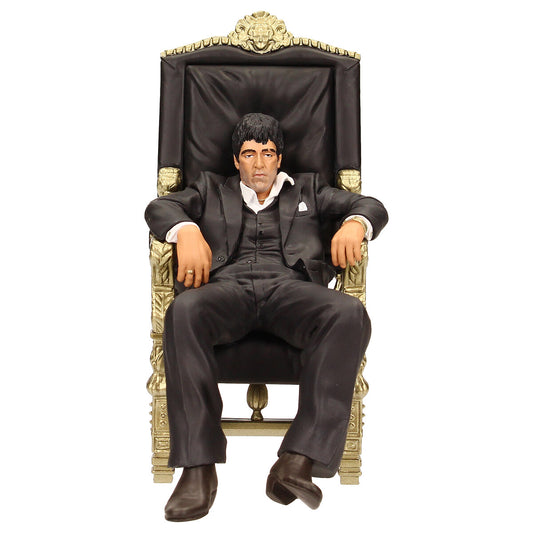 Figura Tony Montana Scarface - vista lateral derecha con trono barroco negro y dorado