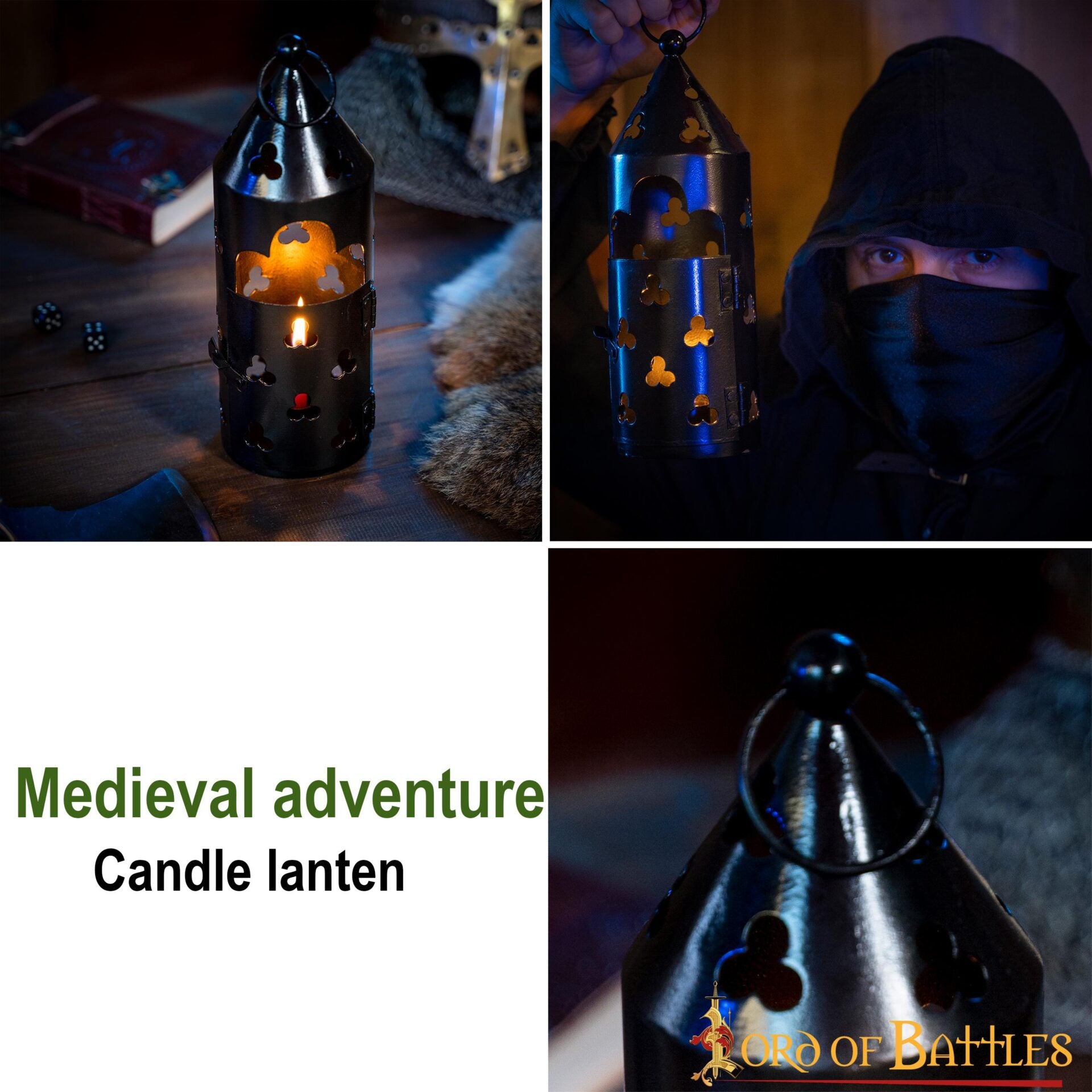 Farol Medieval de Hierro para Velas con Recortes de Trébol y Asa Anular - Imagen 15