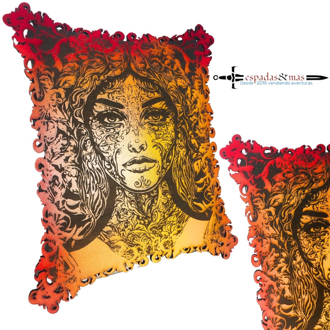 Engraved painting of a young lady's face with floral motifs