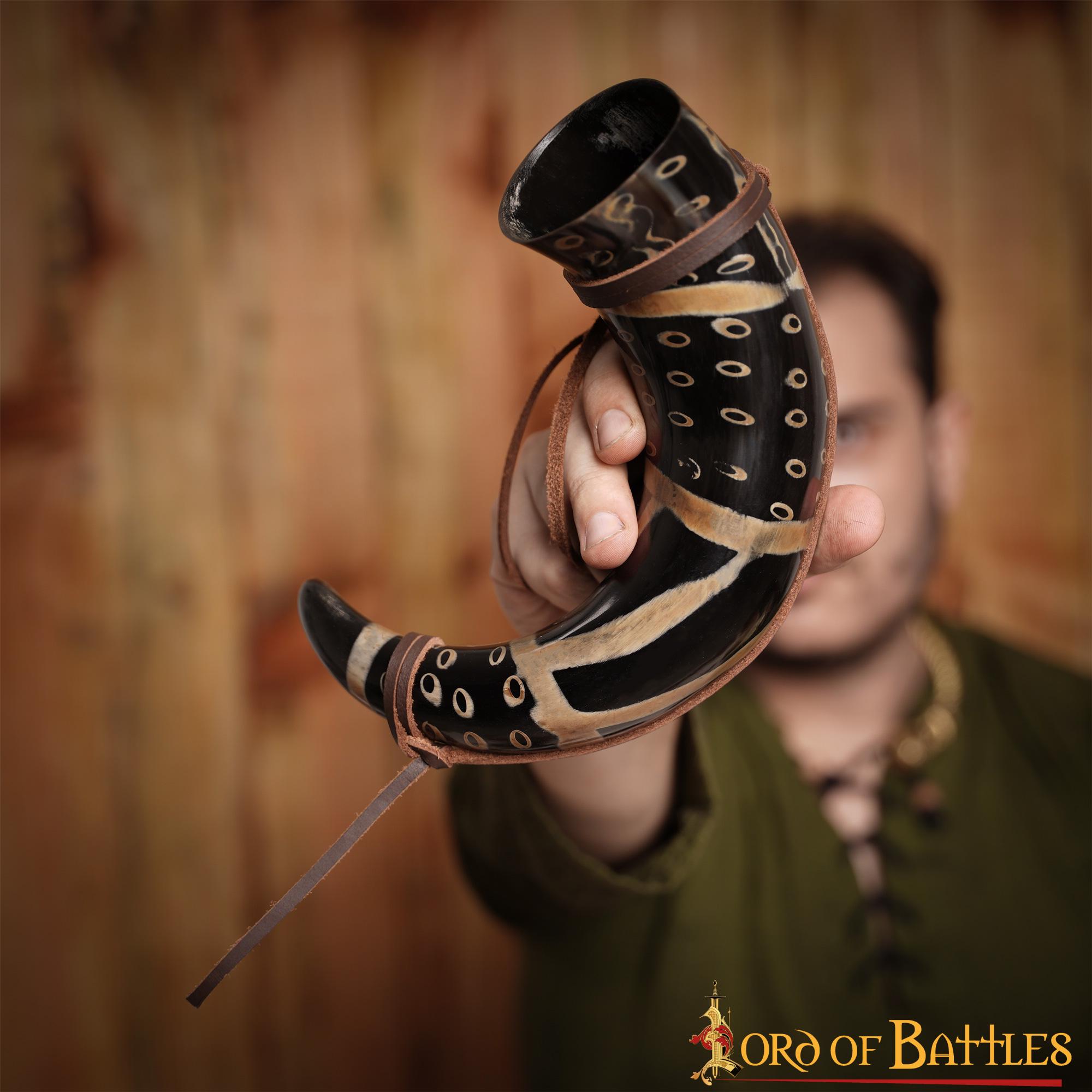 Cuerno Medieval para Beber 400 - 500 Ml con Cuerda de Cuero Hecho a Mano Verdadero Cuerno de Buey - Imagen 7