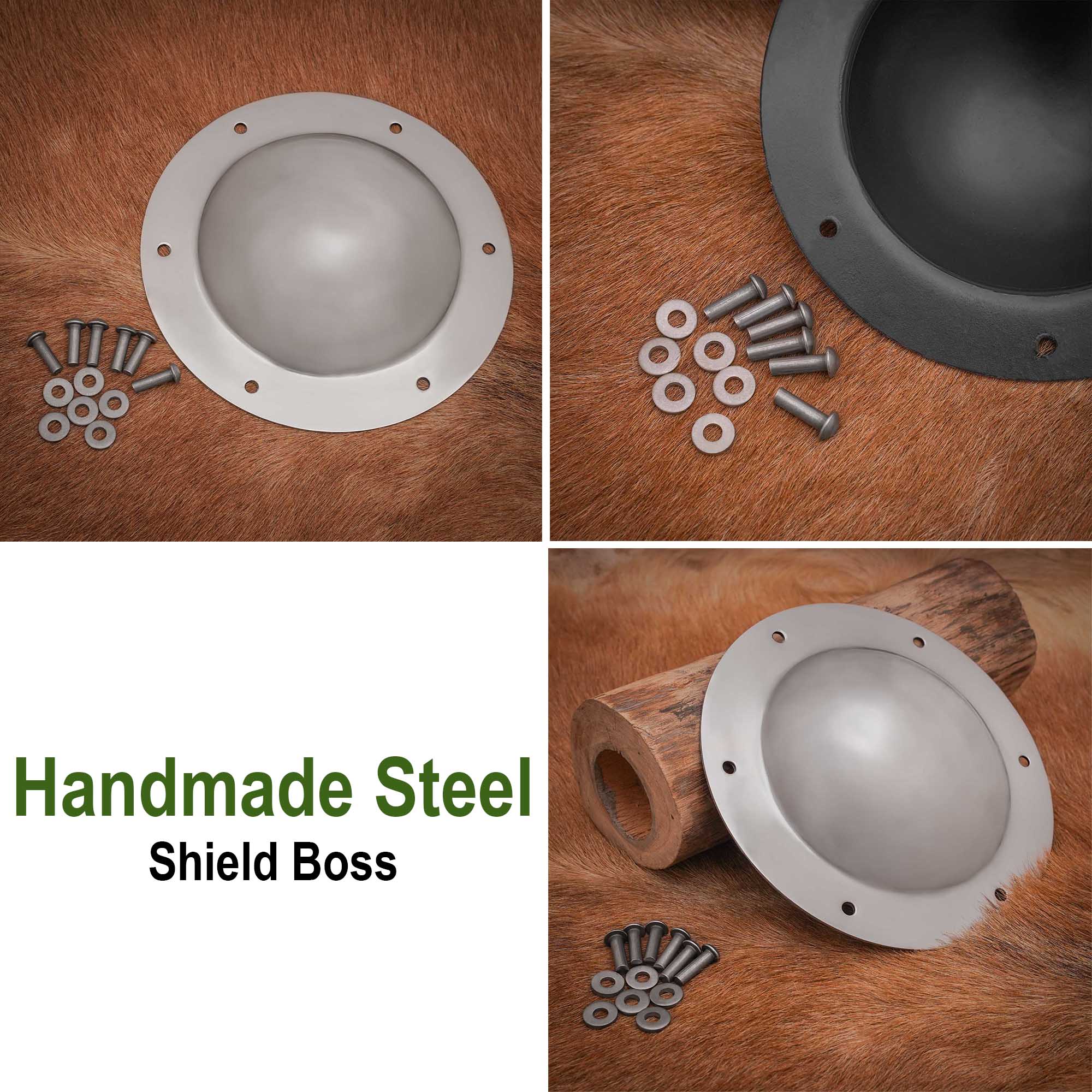 Escudo de Acero Pulido Medio Jefe Umbo - 14 Calibre Centro de Cúpula Hecha a Mano con Remaches - Imagen 10