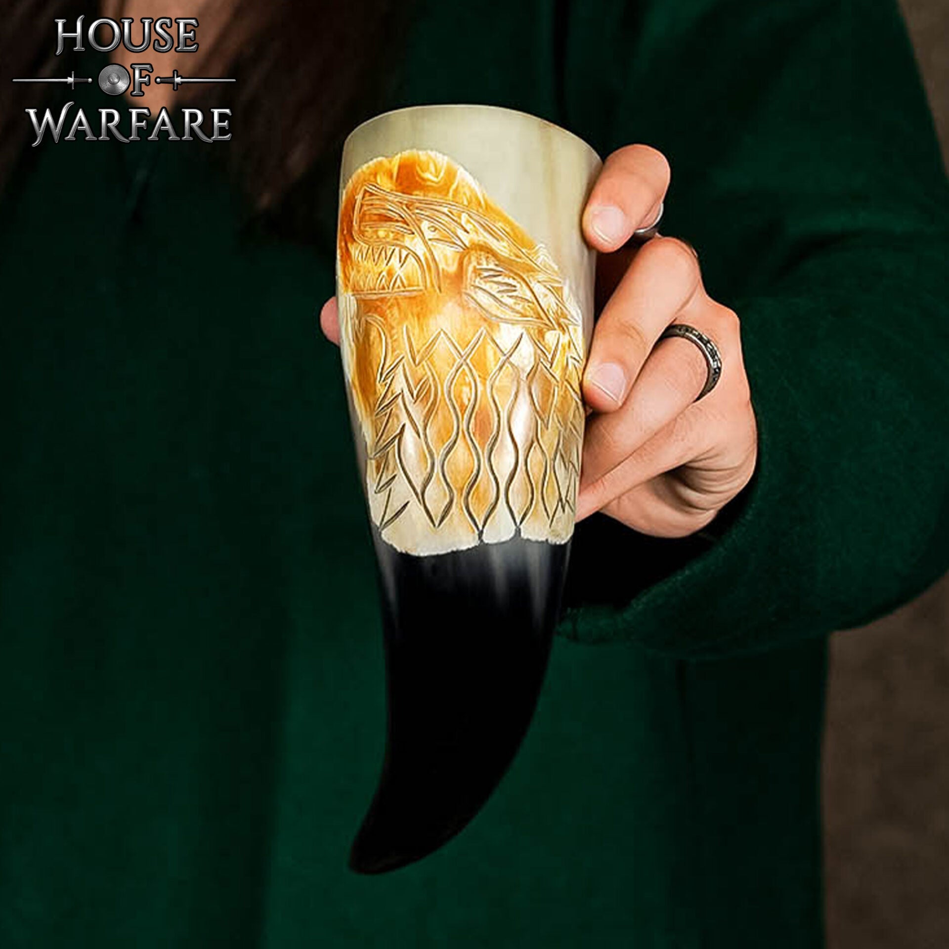 Cuerno para Beber Vikingo Auténtico Fenrir Wolf - Cuerno de Buey Pulido Grabado a Mano - Inspiración Nórdica - Imagen 1