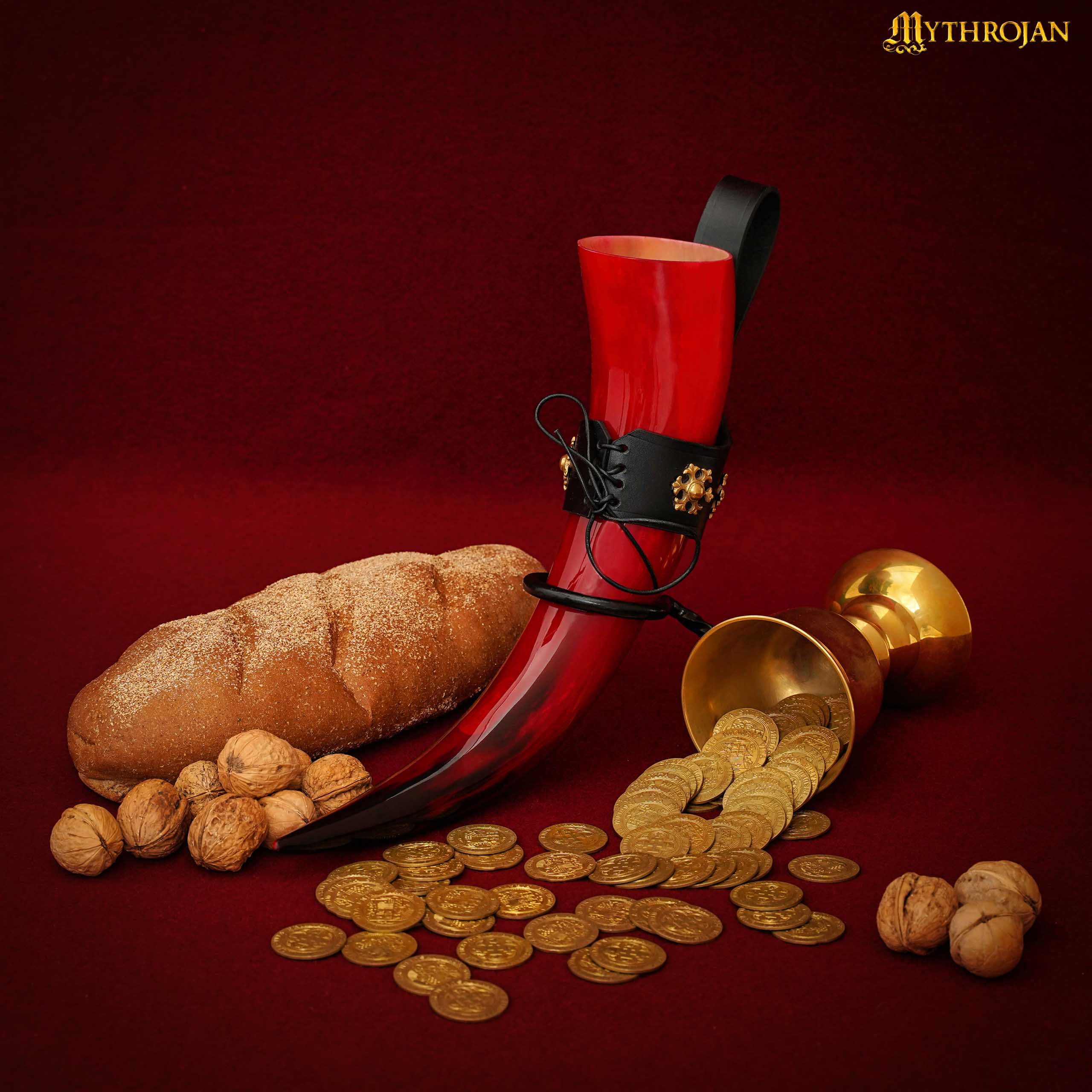 Taza Medieval para Beber Hidromiel 400ml Rojo Vikingo Cuerno de Buey con Soporte de Cuero Negro Pulido - Imagen 5