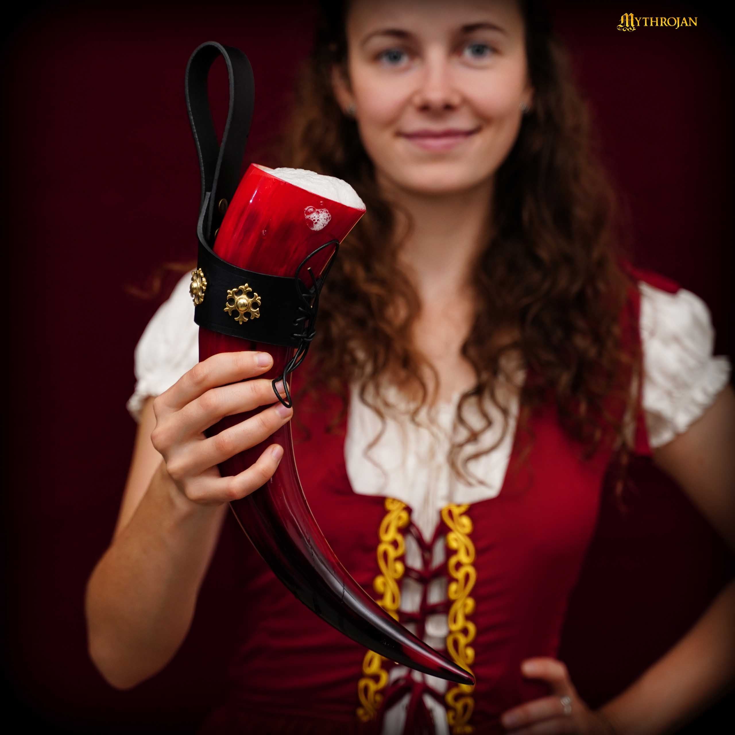 Taza Medieval para Beber Hidromiel 400ml Rojo Vikingo Cuerno de Buey con Soporte de Cuero Negro Pulido - Imagen 7