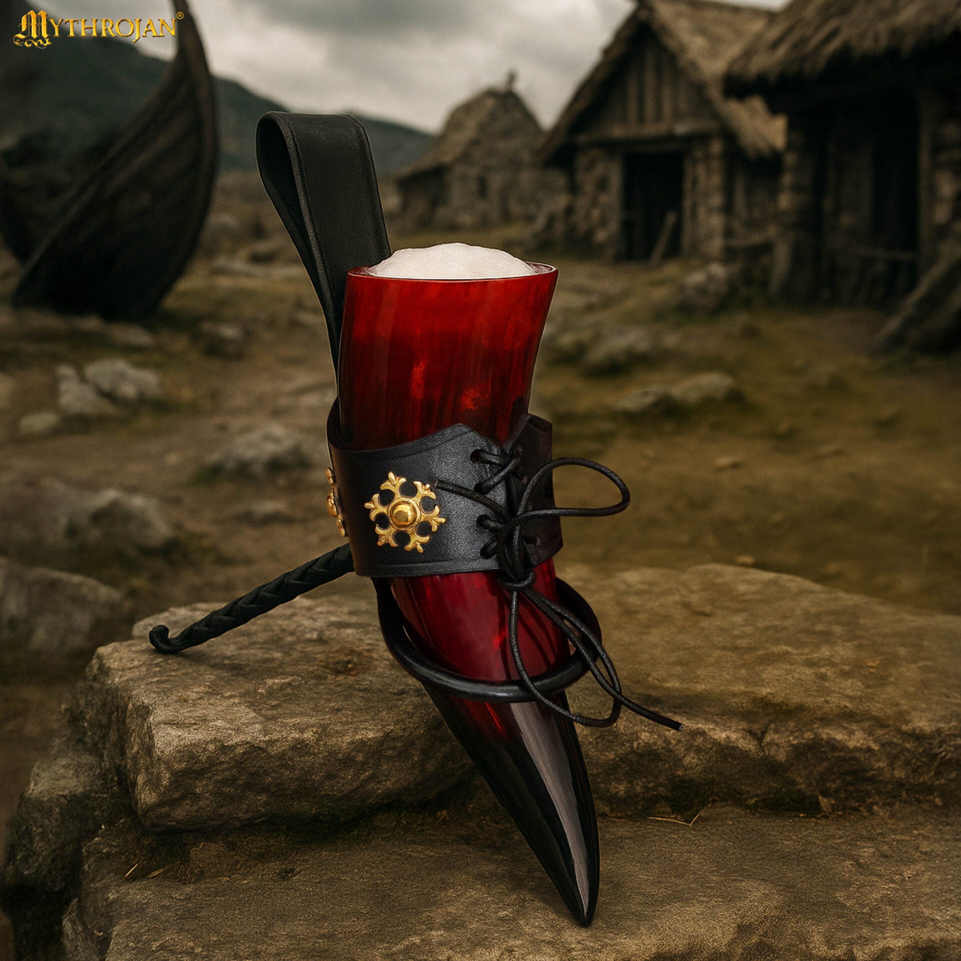 Taza Medieval para Beber Hidromiel 400ml Rojo Vikingo Cuerno de Buey con Soporte de Cuero Negro Pulido - Imagen 1