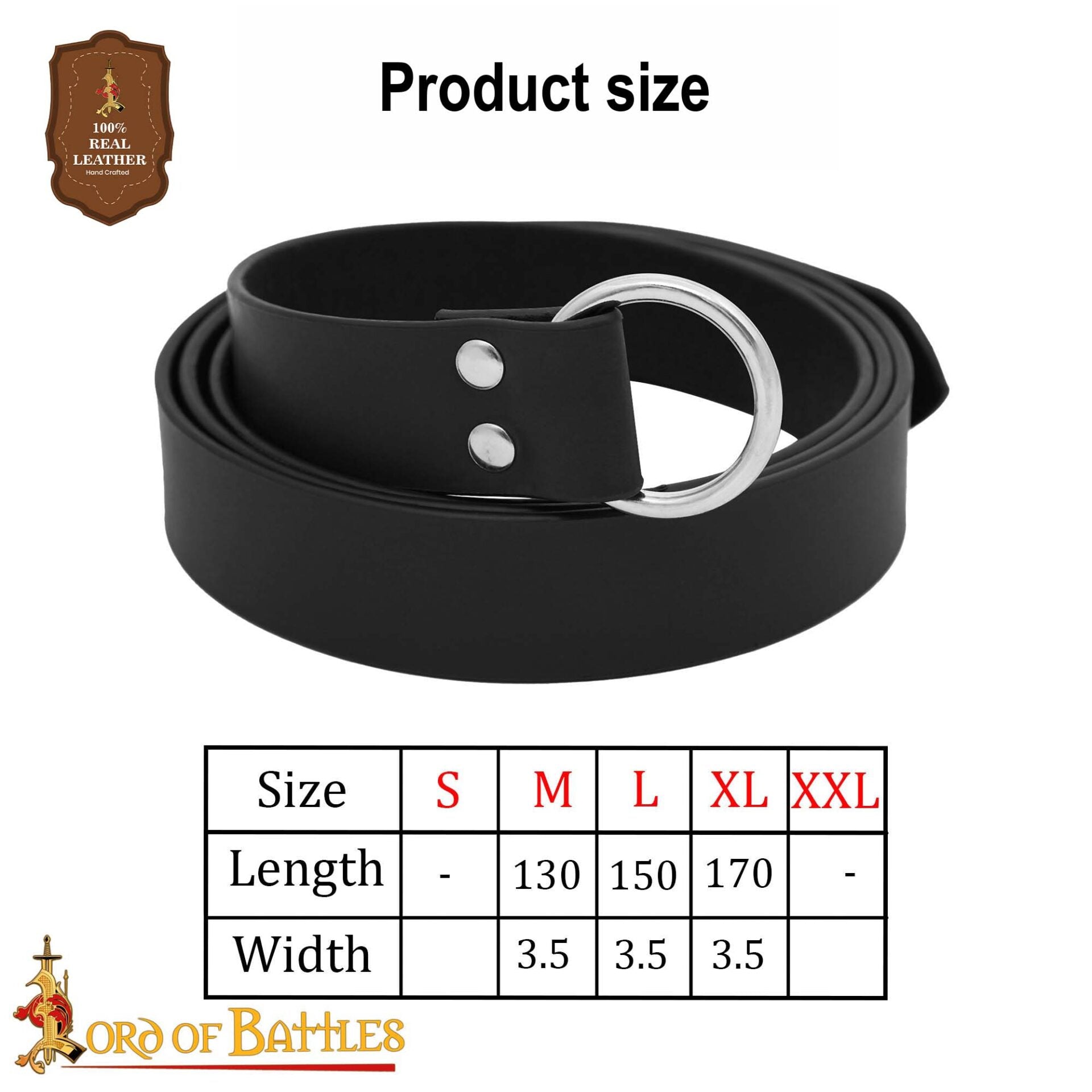 Cinturón Medieval de Cuero Negro con Hebilla de Anillo de Acero - Cuero de Búfalo Genuino 3.3mm, Larp & Accesorio Renacentista - Imagen 3