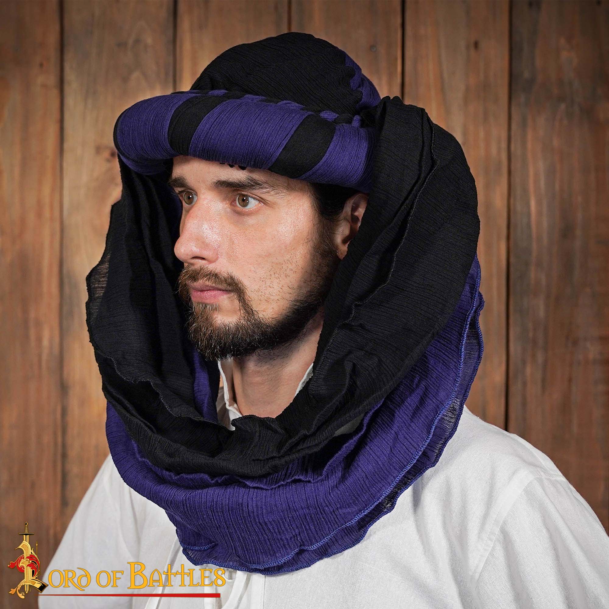 Turbante Medieval Sarraceno - Negro y Violeta Desierto Head Wrap para Larp, Fantasía y Temas Históricos - Imagen 3