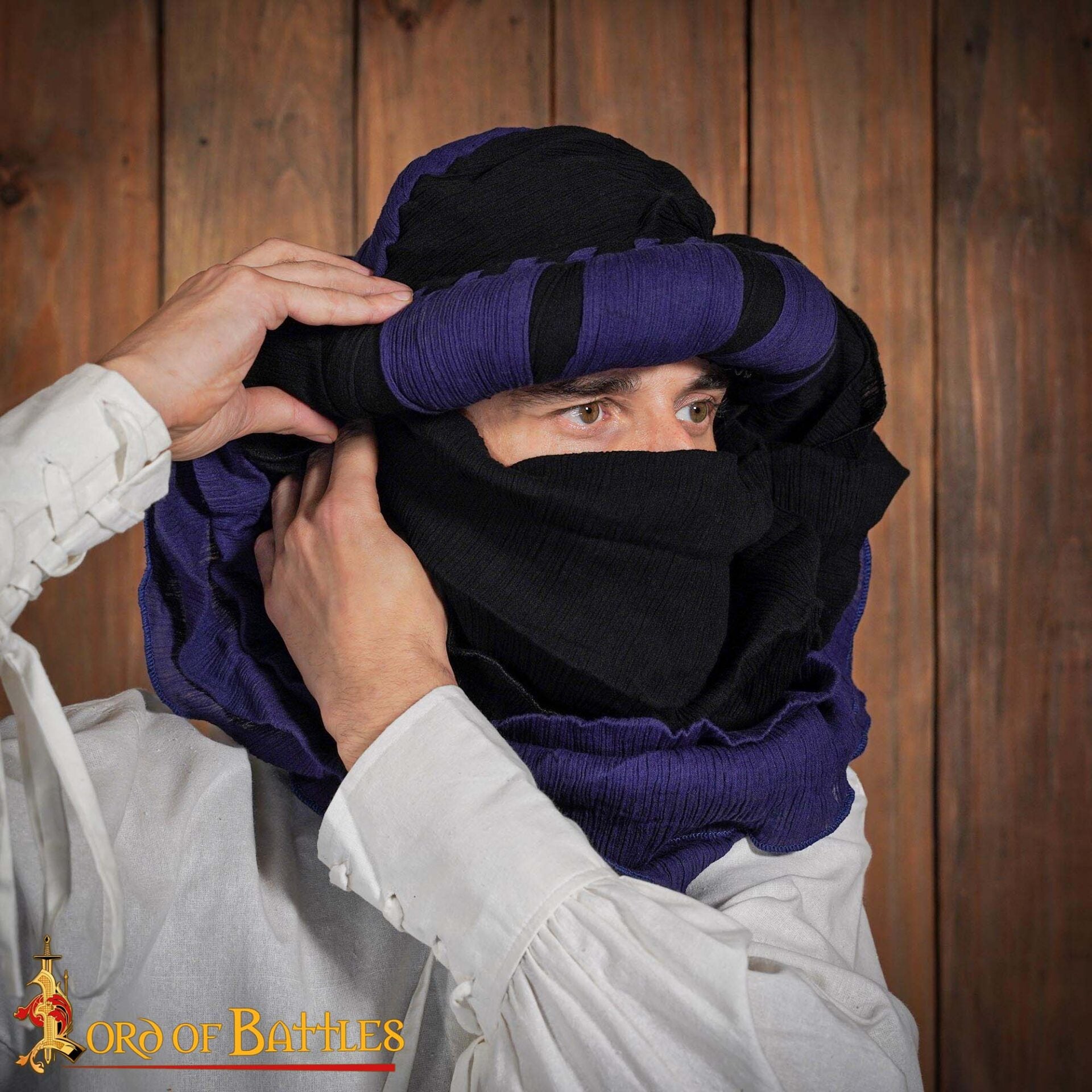 Turbante Medieval Sarraceno - Negro y Violeta Desierto Head Wrap para Larp, Fantasía y Temas Históricos - Imagen 6