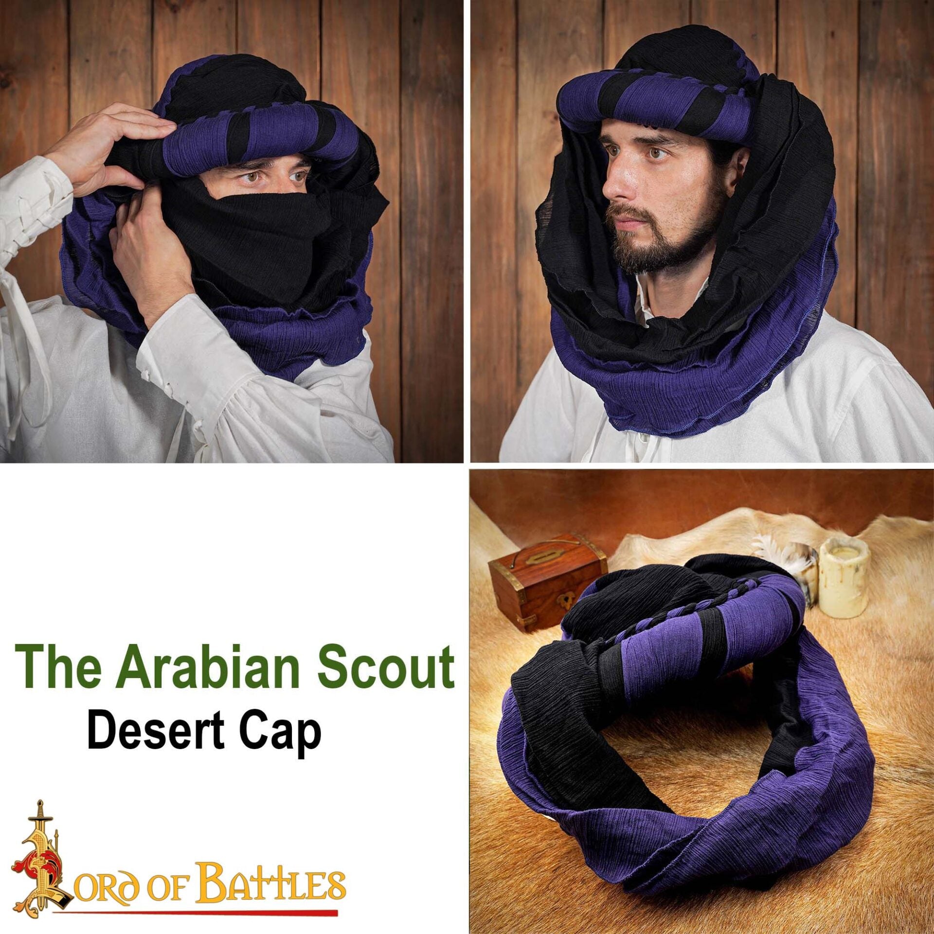 Turbante Medieval Sarraceno - Negro y Violeta Desierto Head Wrap para Larp, Fantasía y Temas Históricos - Imagen 8