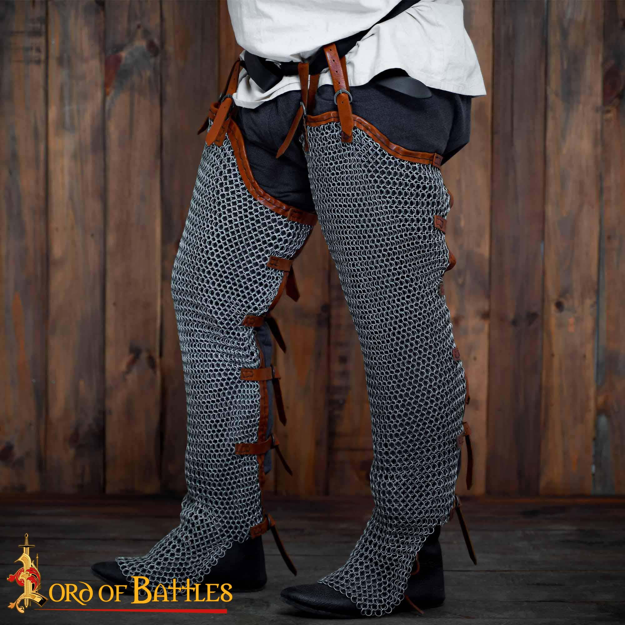 Chainmail Leggings Chausses 9 Mm 16 Gauge High Tensile Butted Rings With Leather Straps - Imagen 1