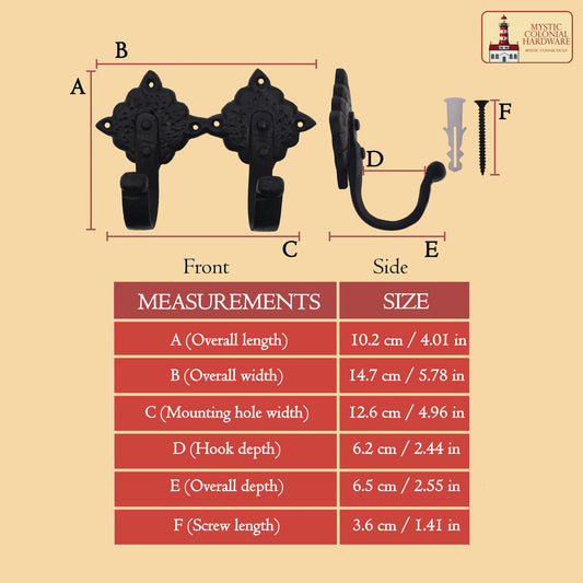 Colonial Wrought Iron Wall Hooks - Juego de 2 Ganchos Negros Decorativos Forjados a Mano - Imagen 2