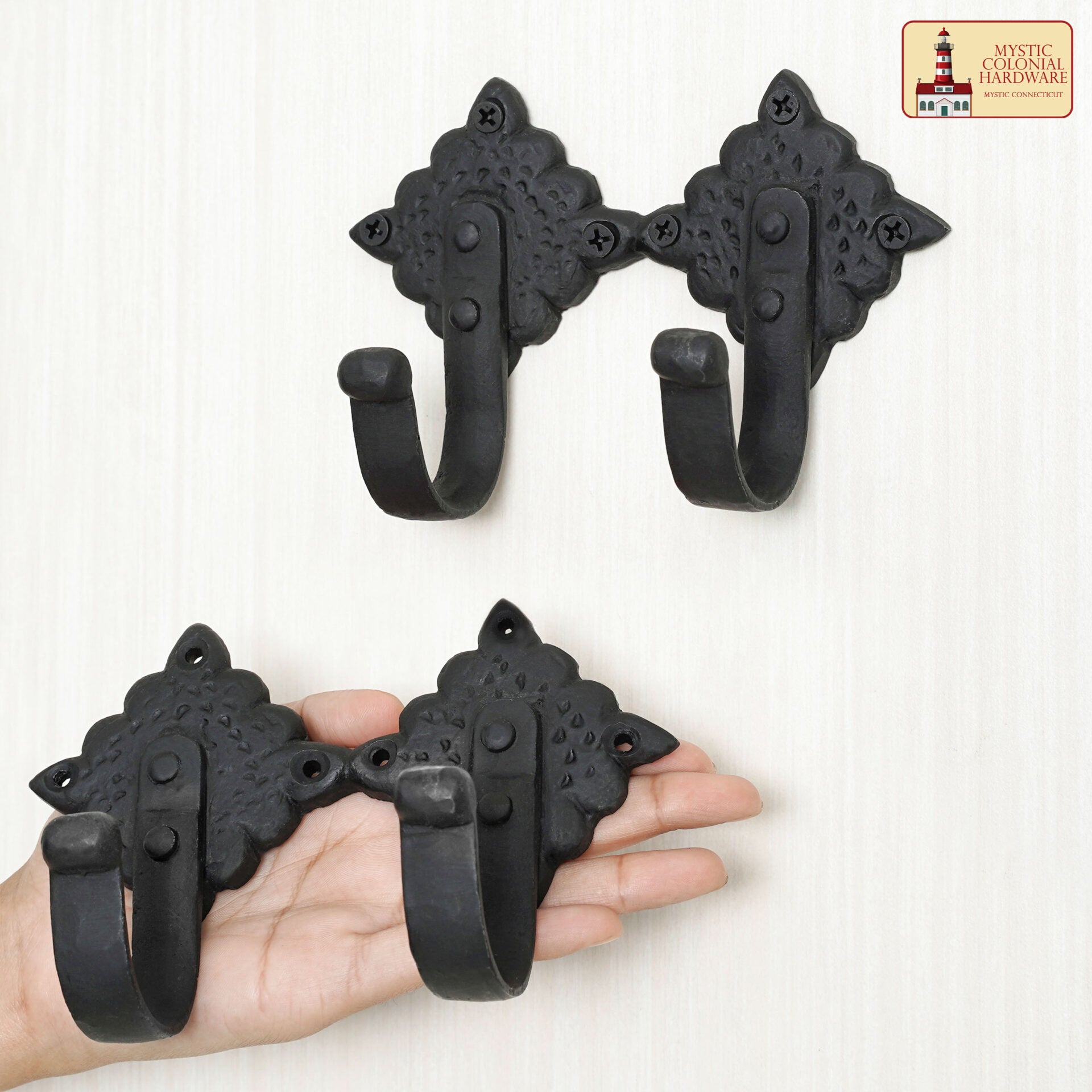 Colonial Wrought Iron Wall Hooks - Juego de 2 Ganchos Negros Decorativos Forjados a Mano - Imagen 5