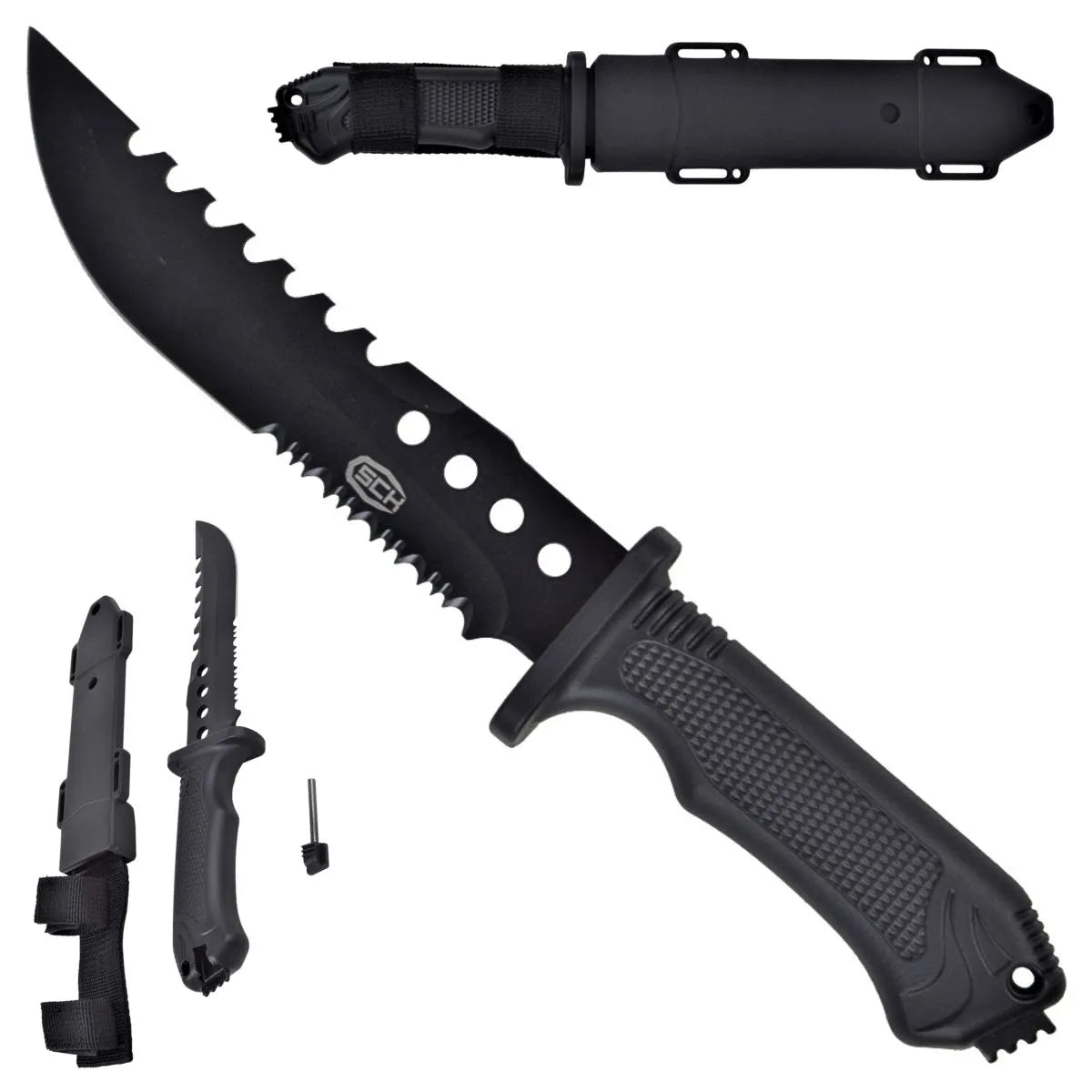 Cuchillo de Caza Táctico con Hoja Negra y Vaina Rígida de Polímero