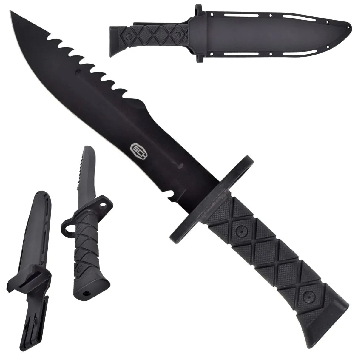 Cuchillo de Caza con Hoja Negra de 21 cm y Vaina Táctica de Polímero