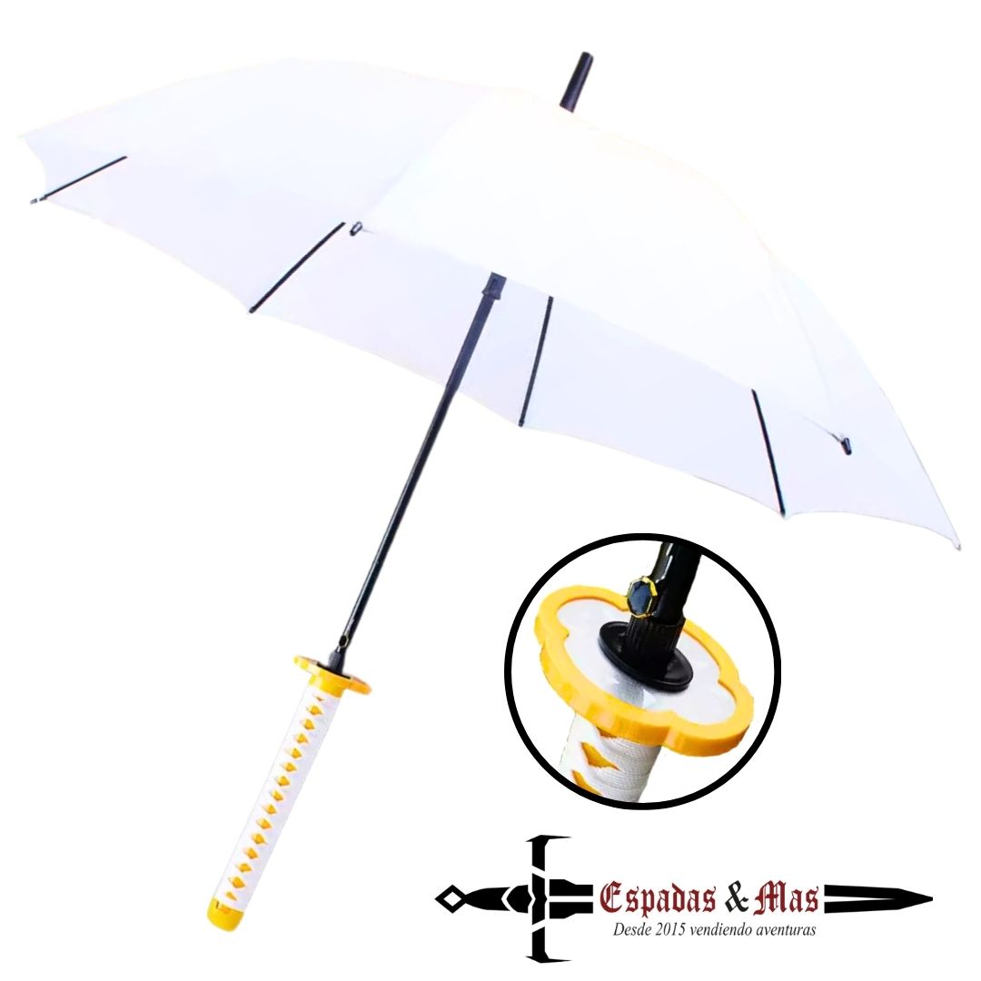 Paraguas abierto de Kimetsu No Yaiba (Demon Slayer) en el que la tsuka es el agarre. Modelo amarillo y blanco. Vendido por Espadas Y Más