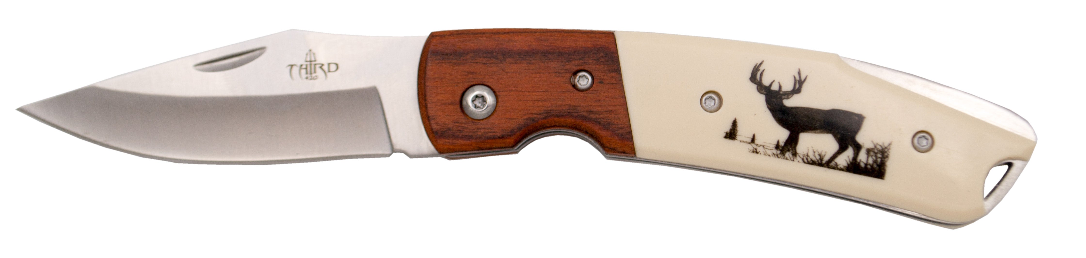 Third Knife Ferrule Wood ABS Handle Deer Detail Stainless Steel 7.7 Cm