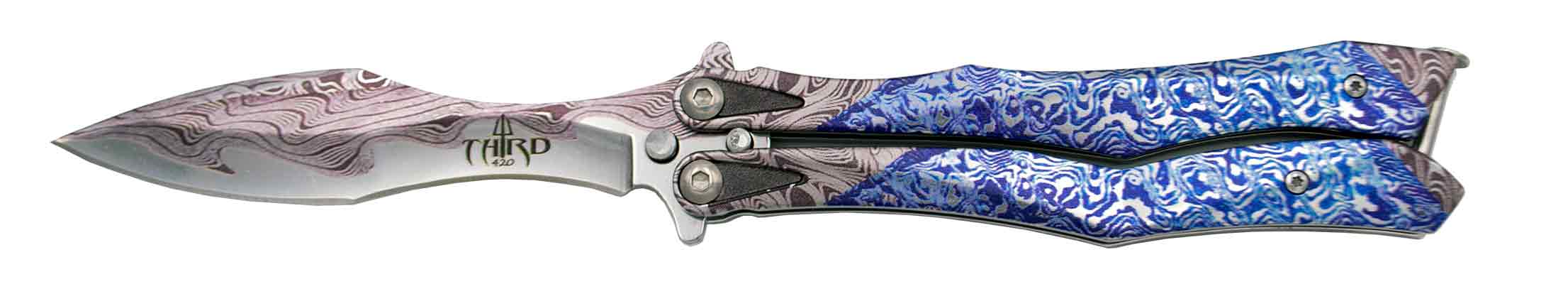 Navaja de abanico, con hoja de acero sin filo y imprimación 3D imitación damasco, mango de acero inoxidable con imprimación 3D imitación damasco.