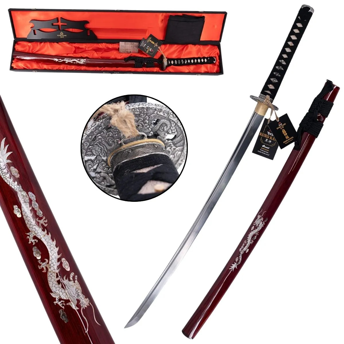 Katana Funcional KURO KAMI Ryûjin – Acero Damasco - granate