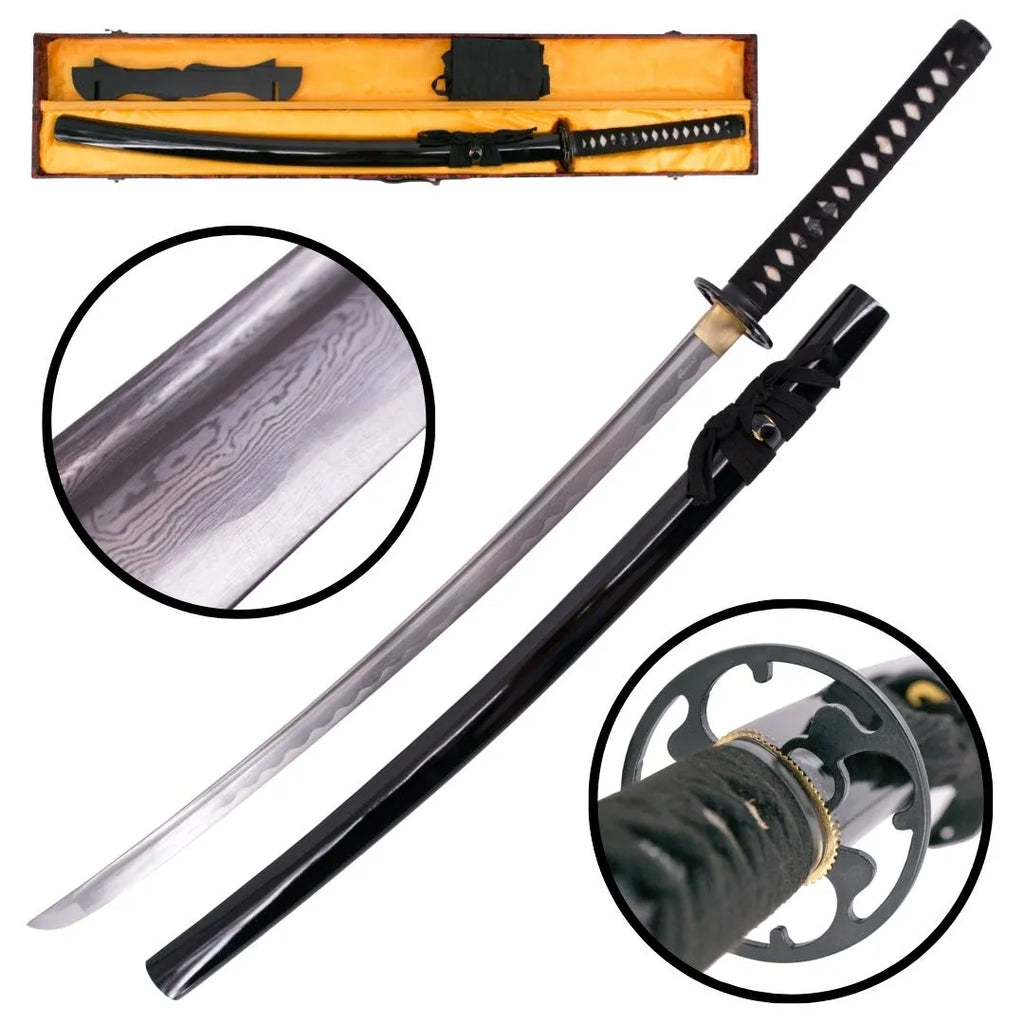 Katana funcional em aço damasco com bainha preta | Espadas e muito mais, image size:1080x1080