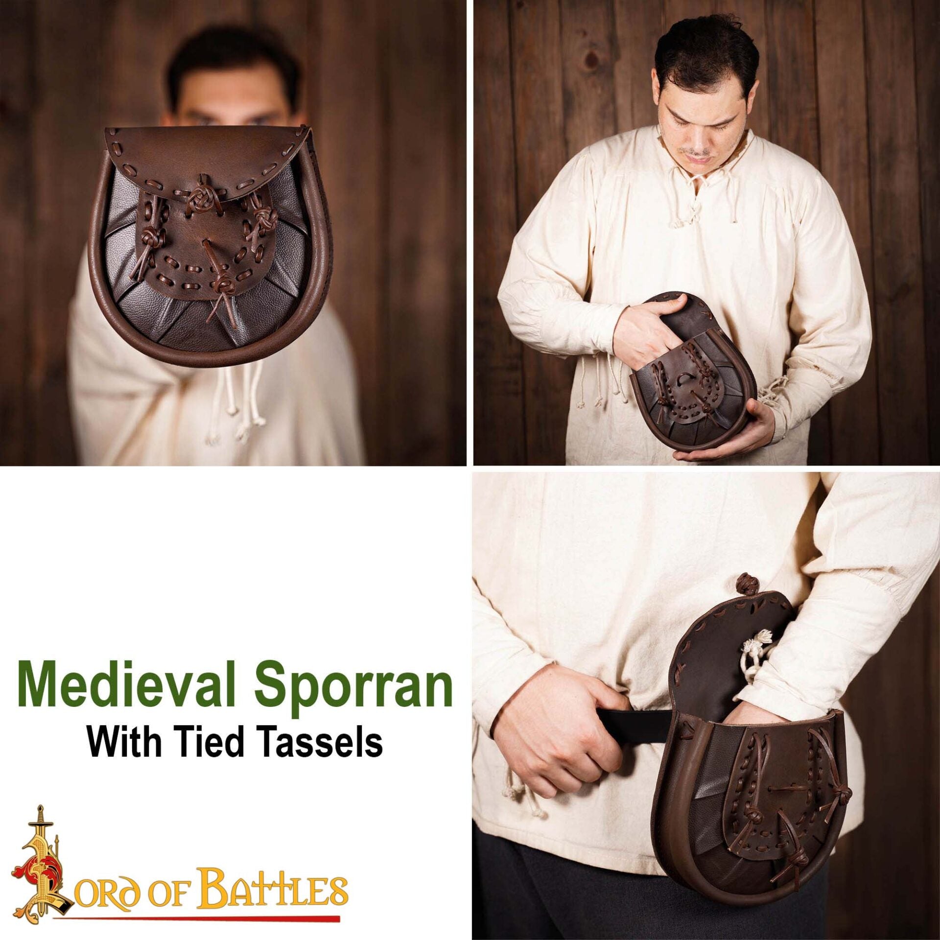 Riñonera Medieval de Cuero Sporran con Borlas Anudadas - Bolsa Marrón - Imagen 7