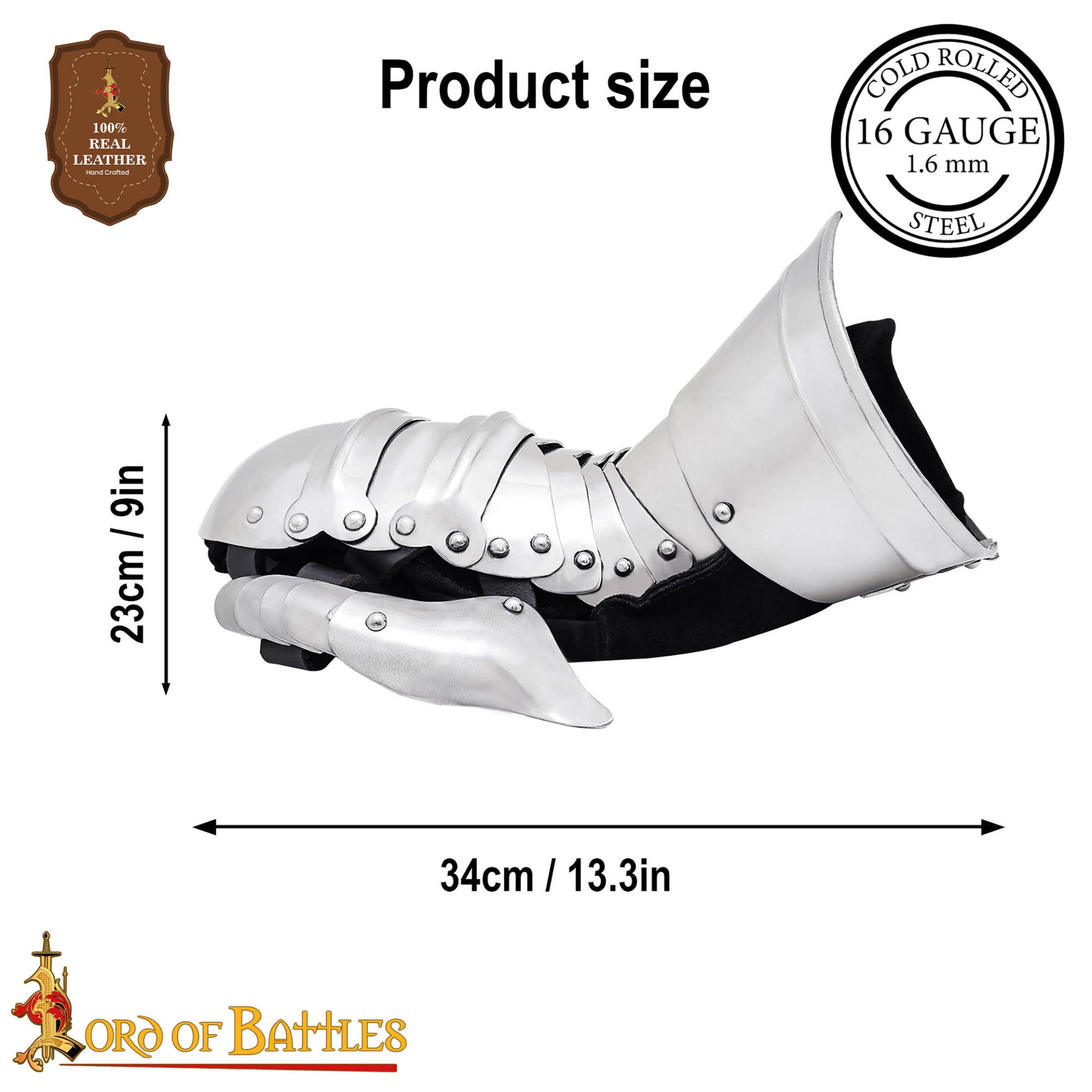 Guanteletes Medievales Tipo B - Acero Pulido Calibre 16 con Piel de Ante - Imagen 3
