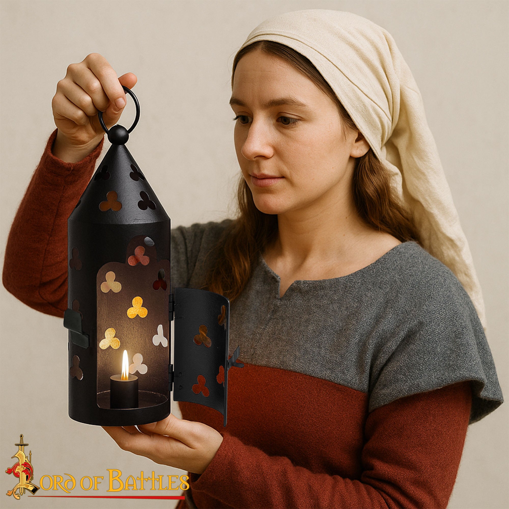 Farol Medieval de Hierro para Velas con Recortes de Trébol y Asa Anular - Imagen 2
