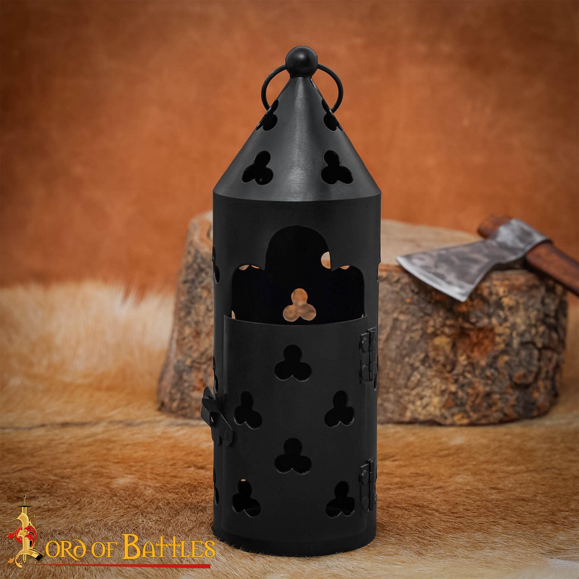 Farol Medieval de Hierro para Velas con Recortes de Trébol y Asa Anular - Imagen 7