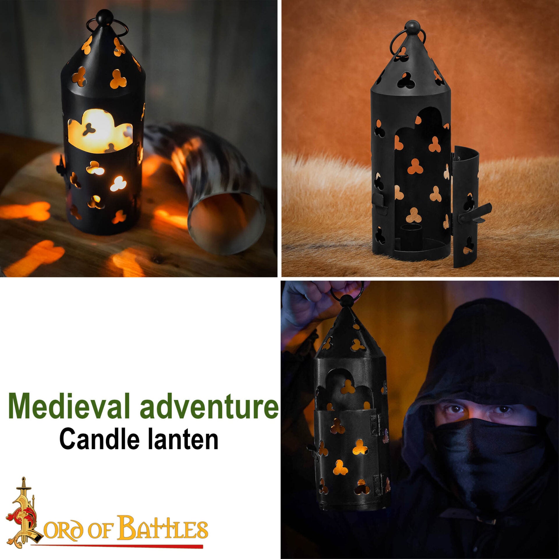 Farol Medieval de Hierro para Velas con Recortes de Trébol y Asa Anular - Imagen 10