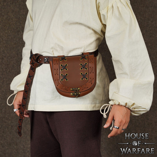 Bolsa Medieval de Cuero para Cinturón con Cierre - Bolso Marrón con Cordones Cruzados para Larp, Disfraces Vikingos y Renacentistas - Imagen 2