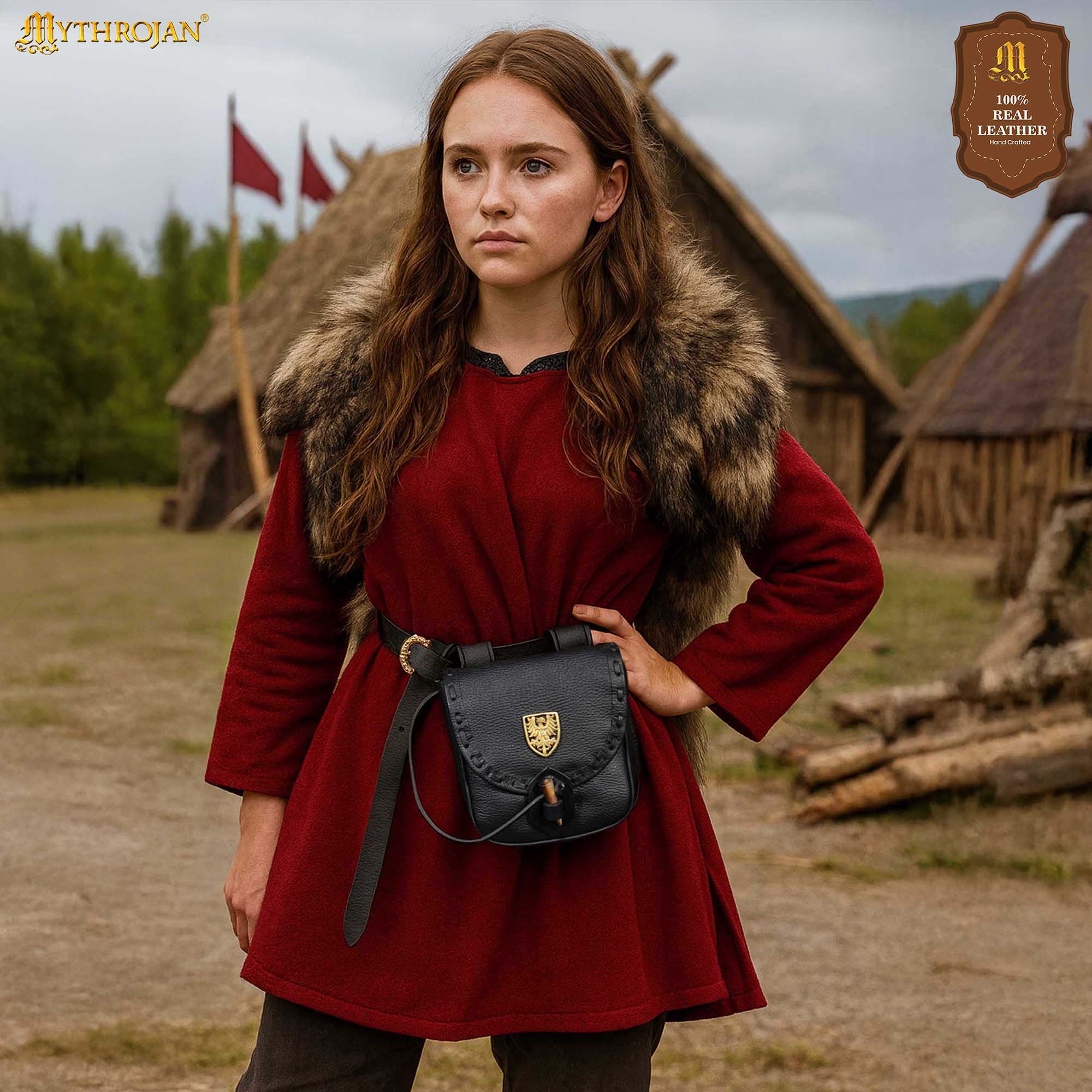 Riñonera Medieval de Cuero Hecha a Mano con Pasador de Cuerno de Buey y Decoración Heráldica de Latón - Funda de Cuero Auténtico - Imagen 2