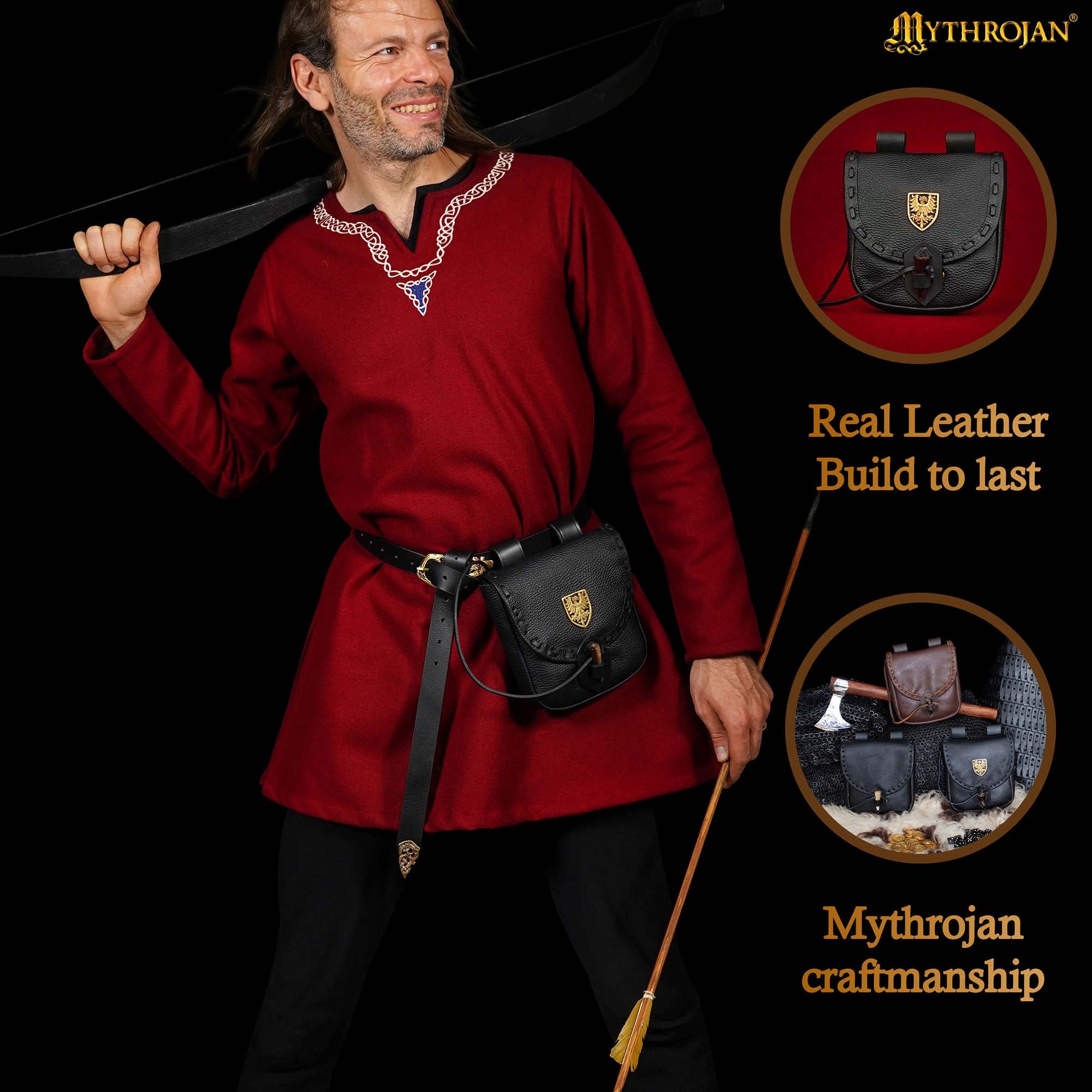 Riñonera Medieval de Cuero Hecha a Mano con Pasador de Cuerno de Buey y Decoración Heráldica de Latón - Funda de Cuero Auténtico - Imagen 5