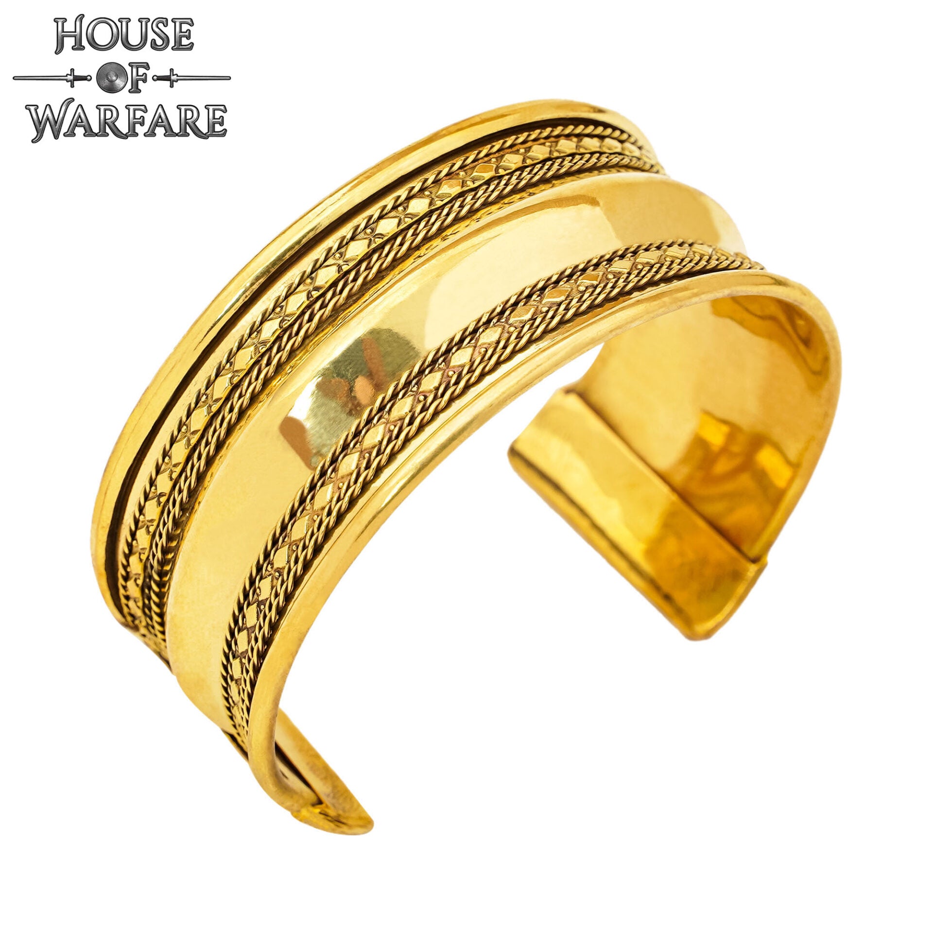 Pulsera Medieval de Latón - Brazalete Ancho Hecho a Mano con Bordes Decorativos Ornamentados - Imagen 4