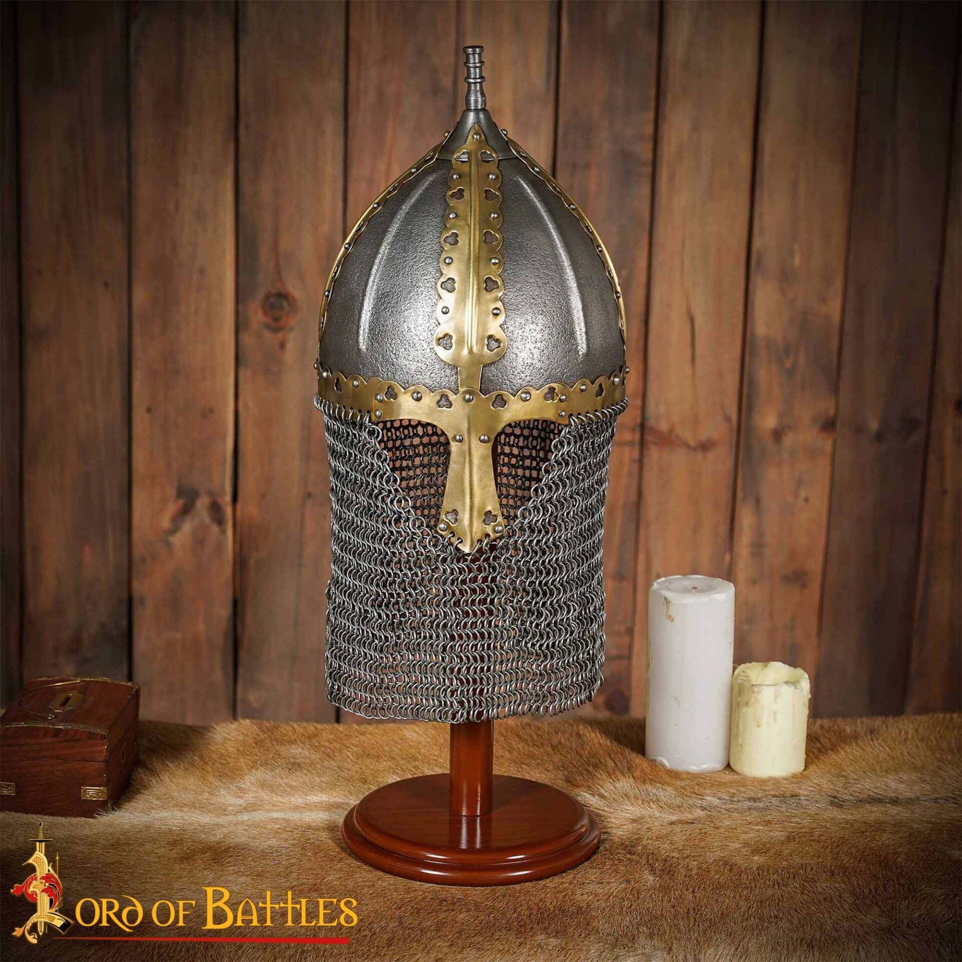 Soporte para Casco Medieval de Madera - Acabado Nogal, Base Redonda - Imagen 16