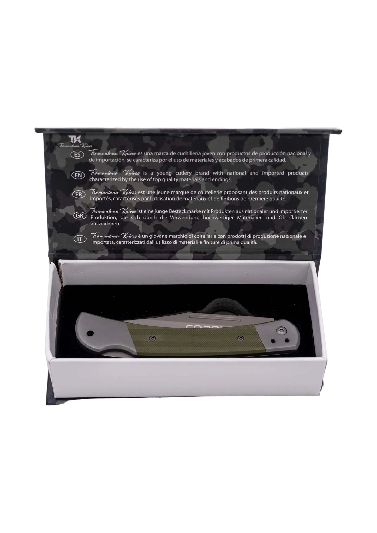 Navaja de Acero Inoxidable Coronel Tramuntana Gris G10 Verde caja Espadas y Más