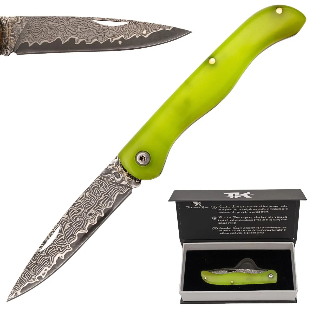 Navaja Artesanal Tramuntana de Damasco VG10 Mango Fluorescente