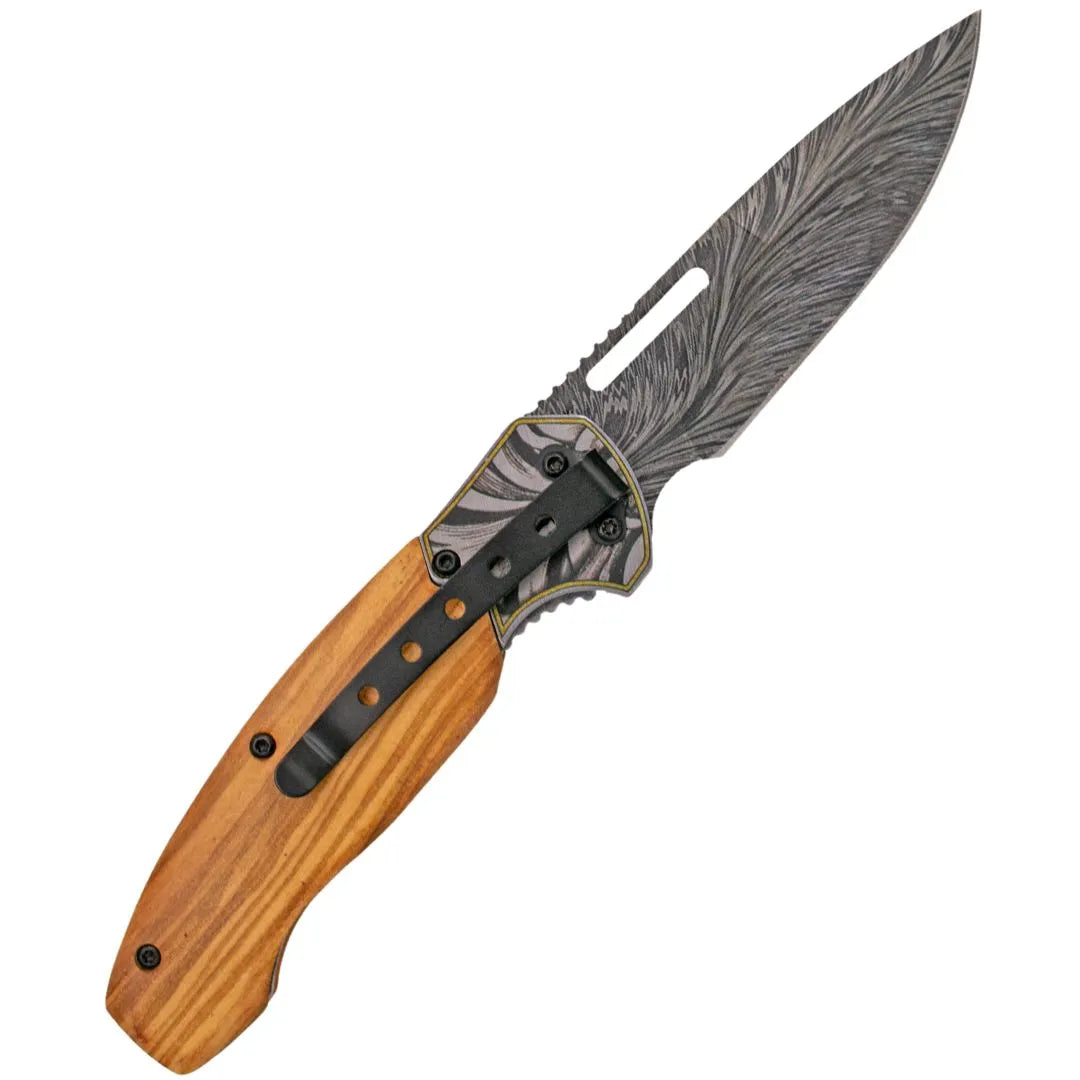 Navaja Third – Mango de Madera de Olivo y Hoja Decorada en Acero 420