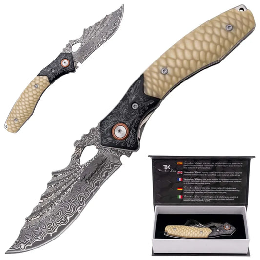 Navaja Tramuntana con hoja de Damasco VG10 Mango JUMA - beige