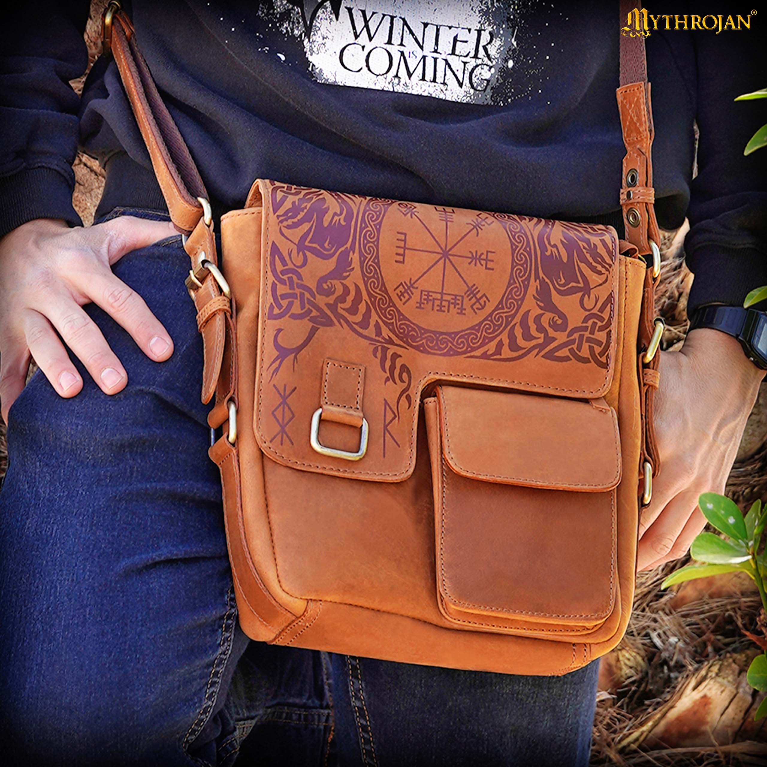 Runa Nórdica de Cuero Messenger Satchel Bag - Viking Rune Cross Body Bag - Imagen 1
