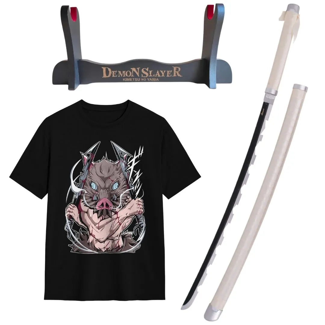 Pack Katana Bambú Inosuke Hashibira Kimetsu no Yaiba + Camiseta Inosuke + Katanero
