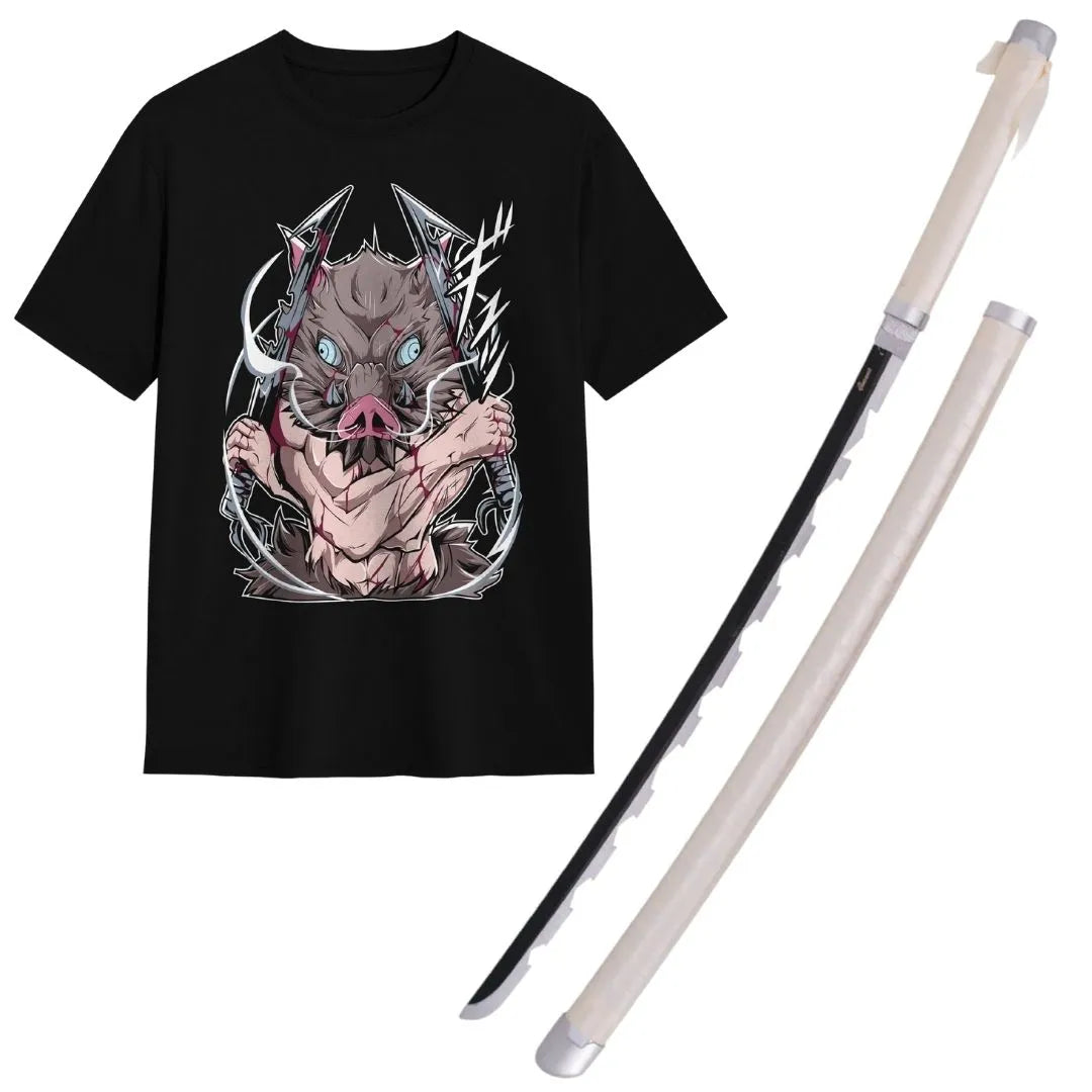 Pack Katana Bambú Inosuke Hashibira Kimetsu no Yaiba + Camiseta Inosuke + Katanero de Regalo