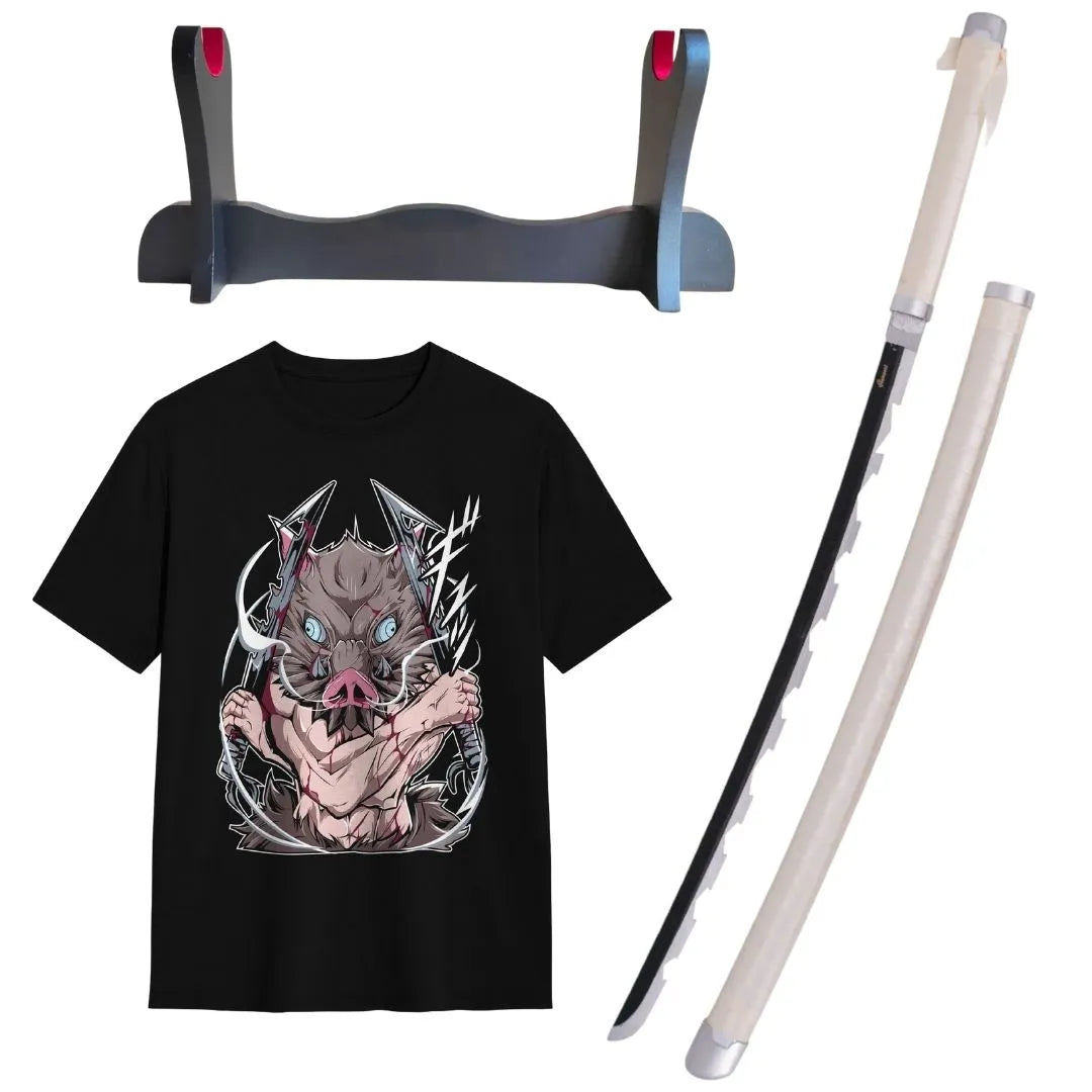 Pack Katana Bambú Inosuke Hashibira Kimetsu no Yaiba + Camiseta Inosuke + Katanero de Regalo