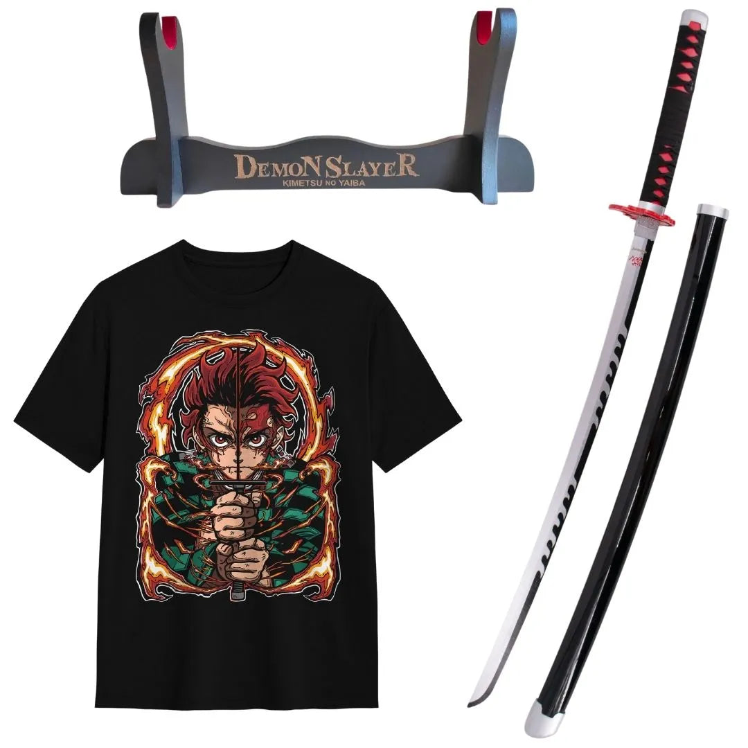 Pack Katana Bambú Tanjiro Kamado Kimetsu no Yaiba + Camiseta + Katanero
