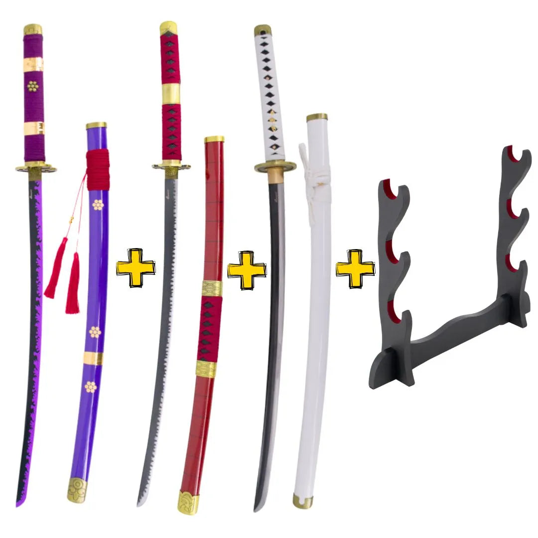 Imagen de Pack 3 Katanas de Zoro en acero + Obsequio expositor de madera parte de nuestra colección en Espadas y más, sitio oficial.