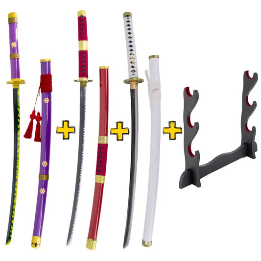 Imagen de Pack 3 Katanas de Zoro en acero + Obsequio expositor de madera parte de nuestra colección en Espadas y más, sitio oficial.