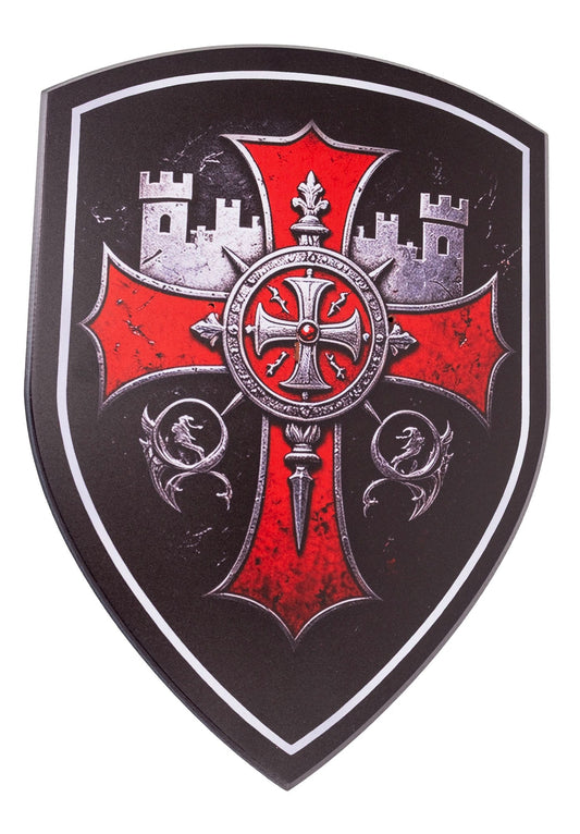 Soporte escudo templario negro con cruz roja y cuarteles heráldicos