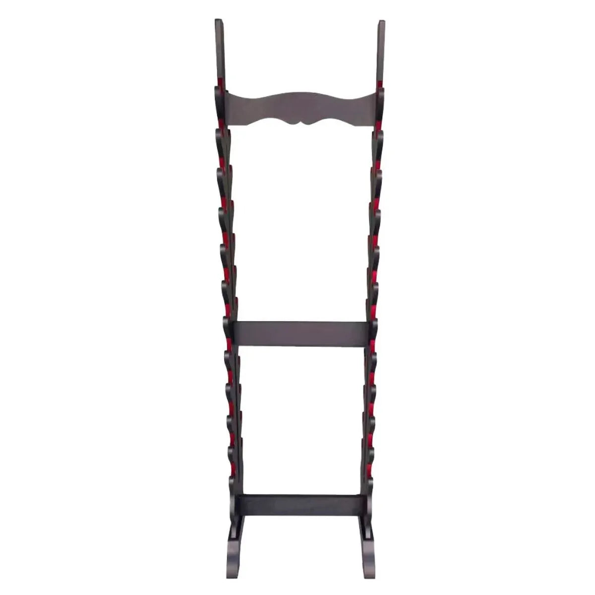 Soporte de Pie para Katanas en Madera Negra y Terciopelo Rojo – 10 o 24 Piezas
